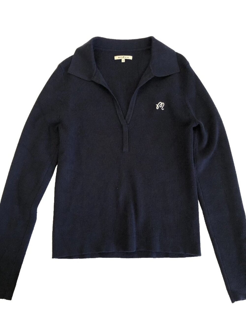 Malbon Golf Helena V Neck Ribbed Knit Polo Sweater Navy Dark Blue Womens Small